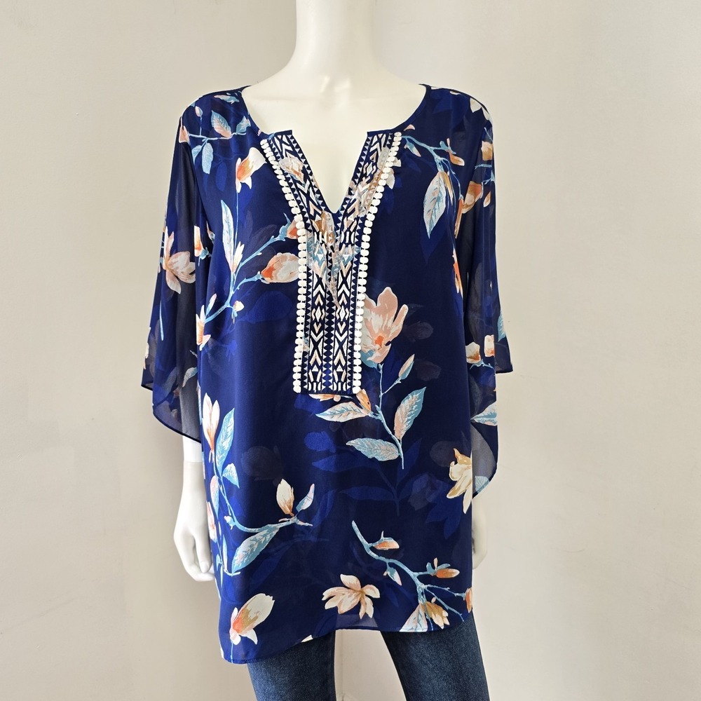 Belle Kim Gravel Size 1X Magnolia Blouse Embroidered Neck Flare Slv Layered Top